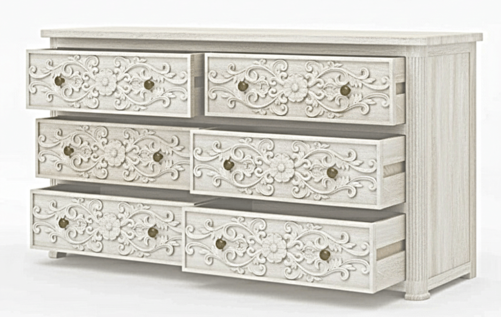 Kasbah Hand - Carved Solid Wooden 6 - Drawer Dresser by Hibashi Furniture – handcrafted solid wood furniture made in India