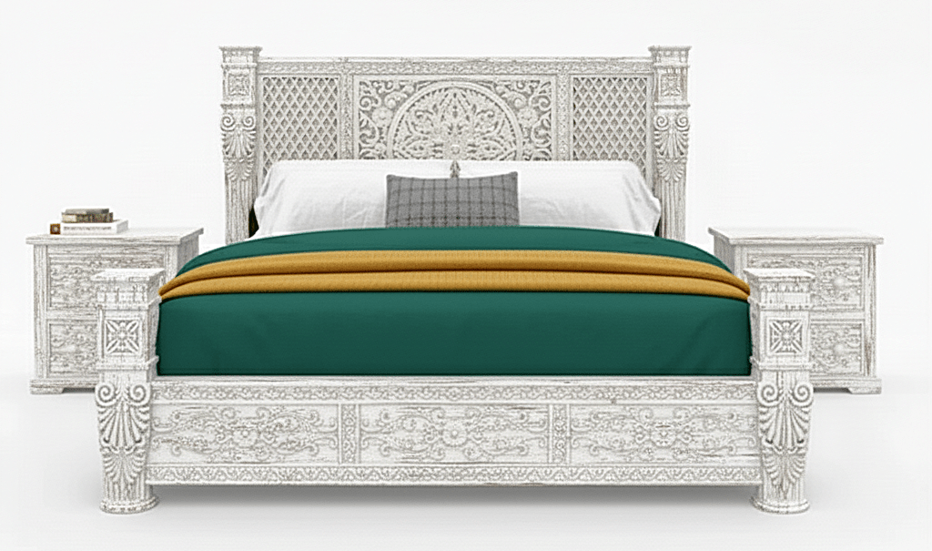 Kasbah Hand - Carved Solid Wooden Platform Bed / Bedroom Set by Hibashi Furniture – handcrafted solid wood furniture made in India