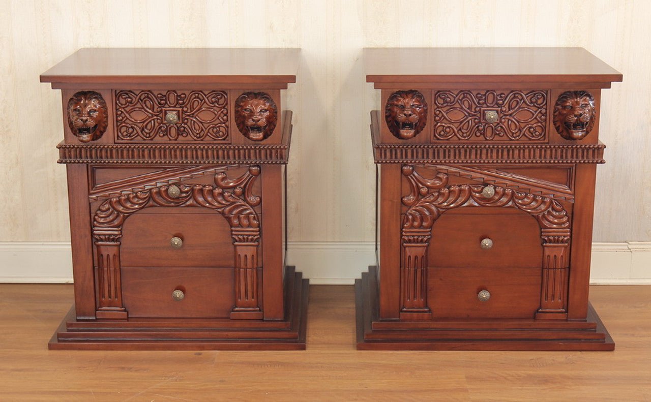 Lion Head Hand Carved Gothic Style Night Stand by Hibashi Furniture – handcrafted solid wood furniture made in India