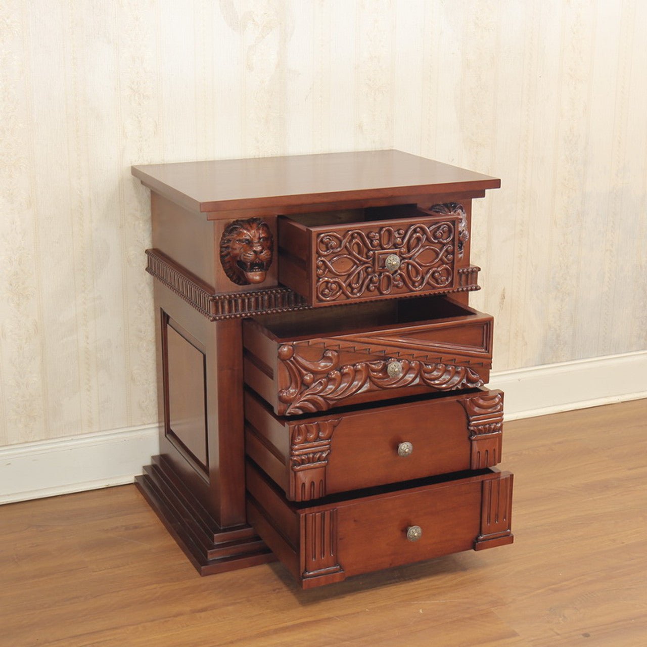 Lion Head Hand Carved Gothic Style Night Stand by Hibashi Furniture – handcrafted solid wood furniture made in India
