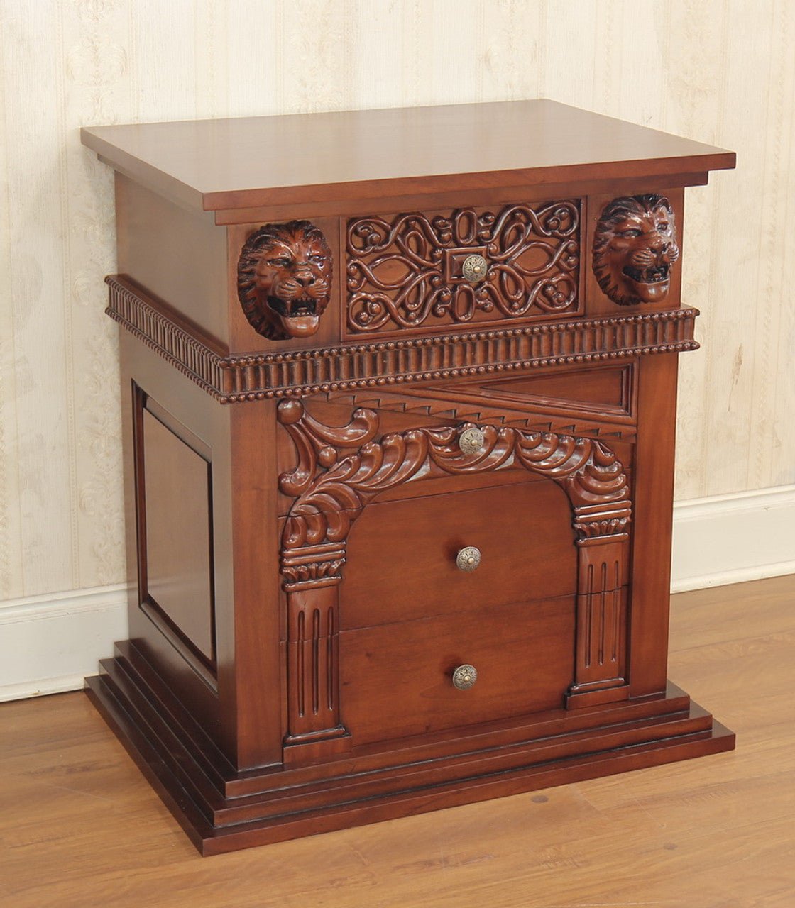 Lion Head Hand Carved Gothic Style Night Stand by Hibashi Furniture – handcrafted solid wood furniture made in India