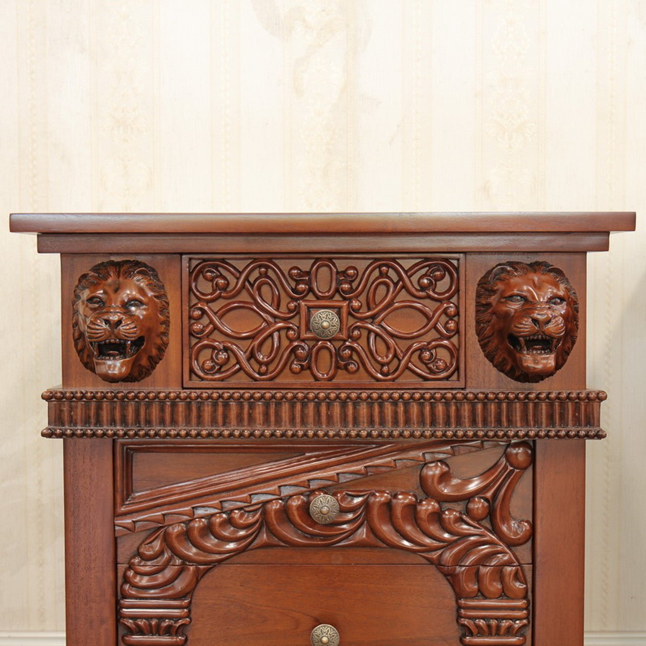 Lion Head Hand Carved Gothic Style Night Stand by Hibashi Furniture – handcrafted solid wood furniture made in India