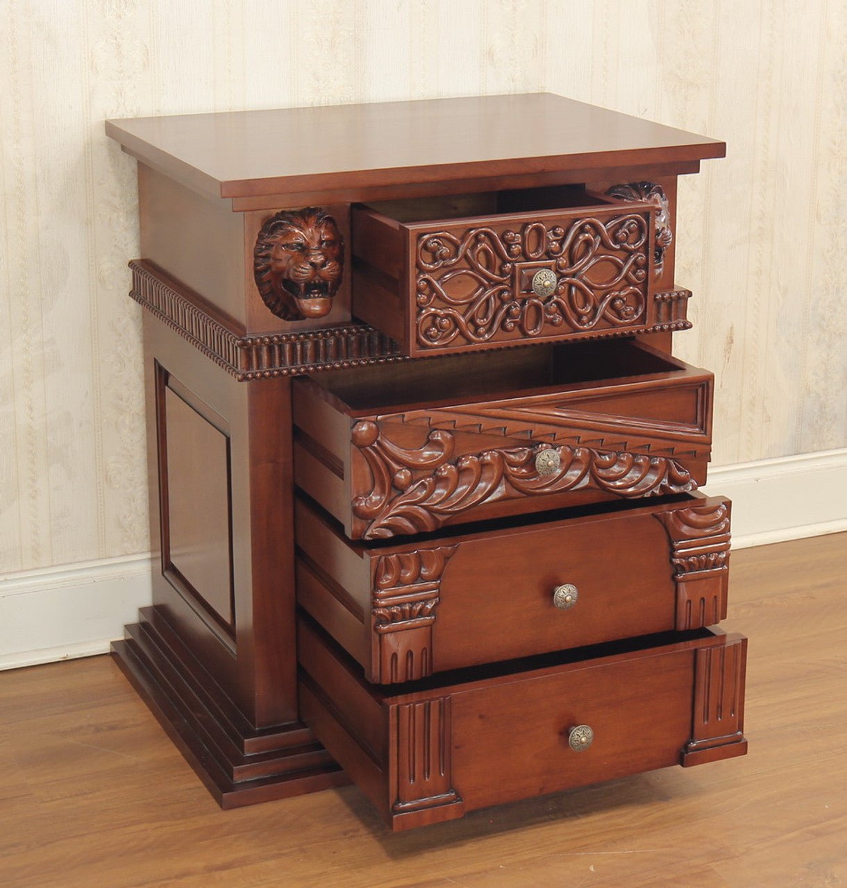 Lion Head Hand Carved Gothic Style Night Stand by Hibashi Furniture – handcrafted solid wood furniture made in India