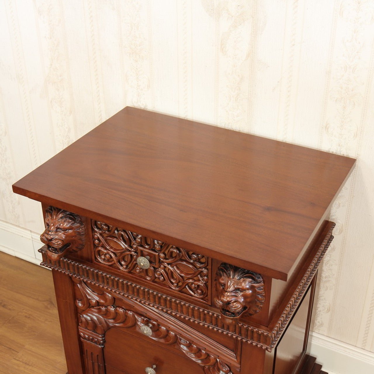 Lion Head Hand Carved Gothic Style Night Stand by Hibashi Furniture – handcrafted solid wood furniture made in India