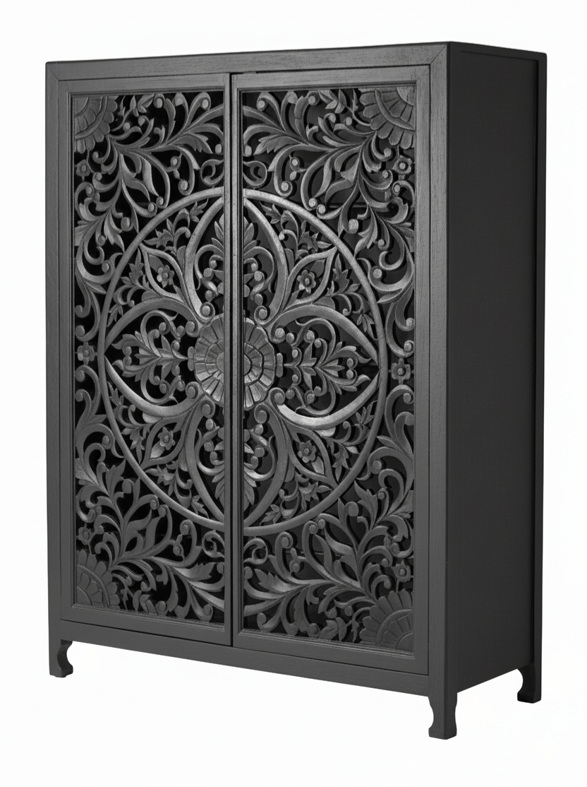 Lombok Hand - Carved Wood Armoire / Hand - Carved Wood Wardrobe – handcrafted solid wood furniture