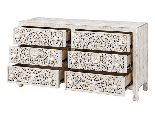 Lombok Hand Carved Wooden Six Drawer Dresser – handcrafted solid wood furniture