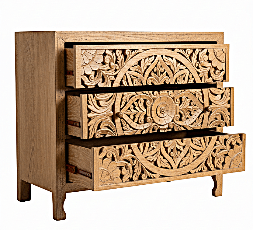 Lombok Wooden Dresser Chest of 3 Drawer Cabinet by Hibashi Furniture – handcrafted solid wood furniture made in India