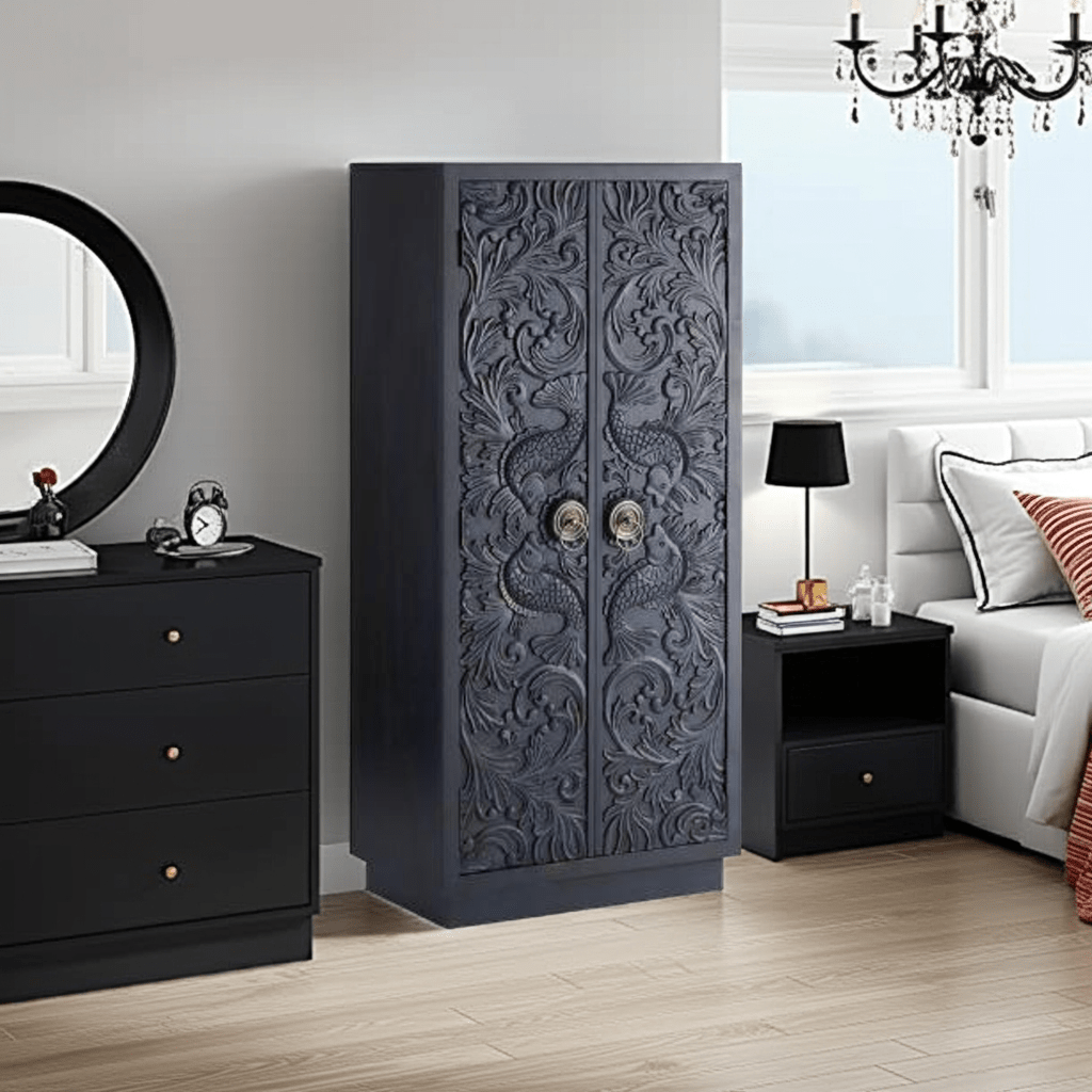 Manama Hand Carved Wood Fish Nairi Storage Cabinet by Hibashi Furniture – handcrafted solid wood furniture made in India