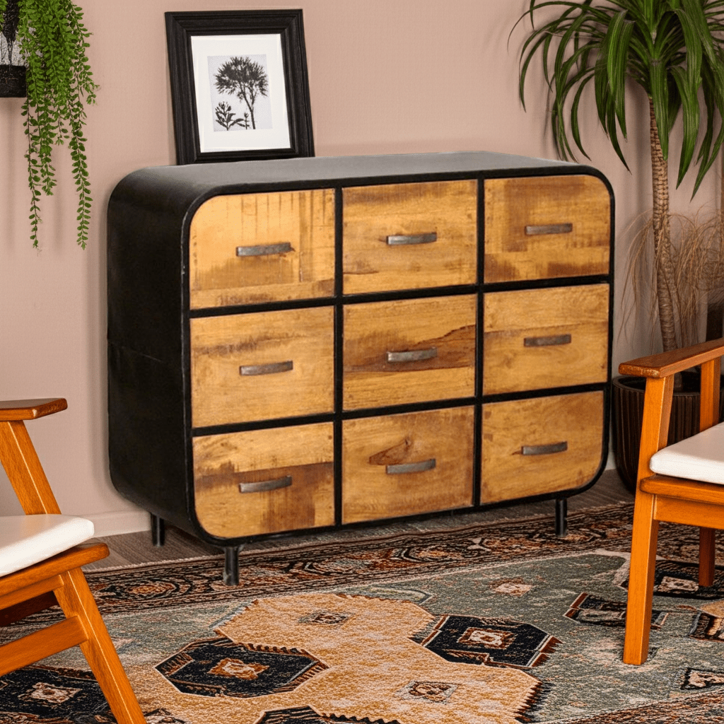 Miller Industrial Timber Iron Chest of Drawers by Hibashi Furniture – handcrafted solid wood furniture made in India