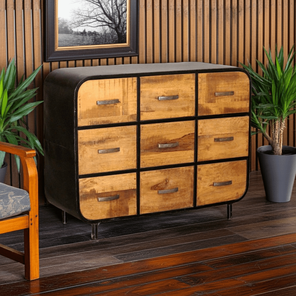 Miller Industrial Timber Iron Chest of Drawers by Hibashi Furniture – handcrafted solid wood furniture made in India