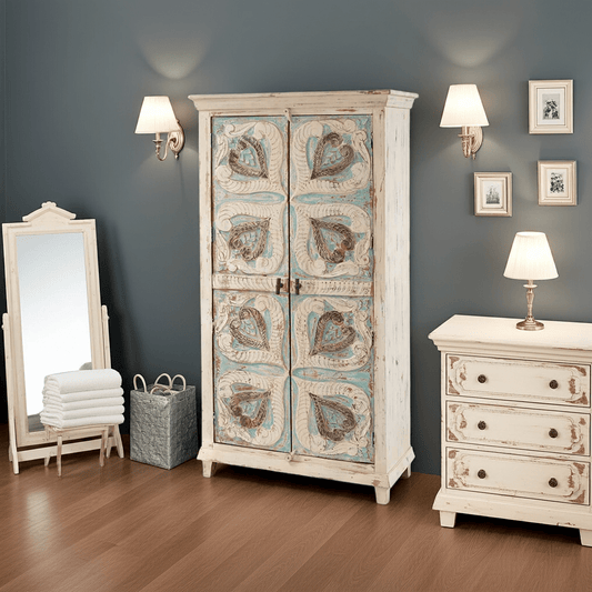 Mimosa Distressed White Hand - carved Solid Wood Vintage Armoire – handcrafted solid wood furniture