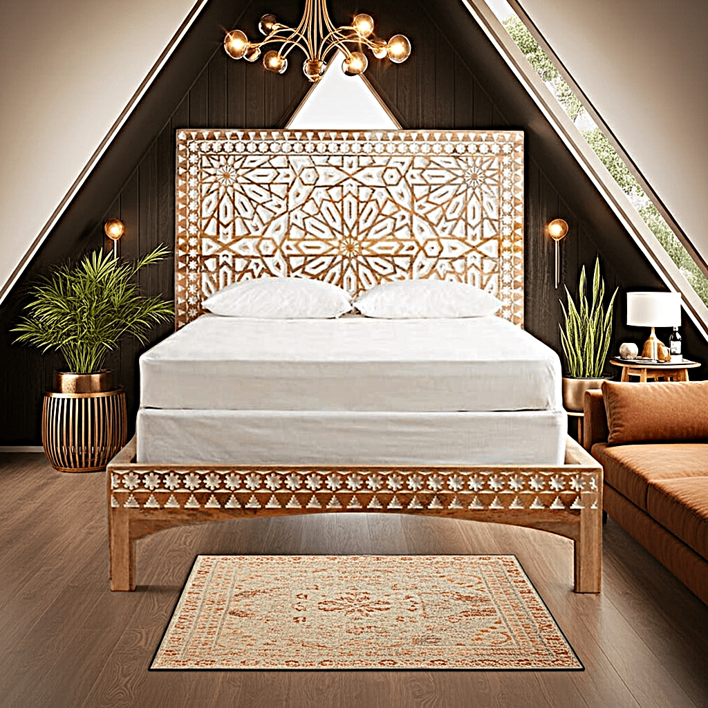 Mughal Garden Geometrical Carved Natural Frame 2 Tone by Hibashi Furniture – handcrafted solid wood furniture made in India