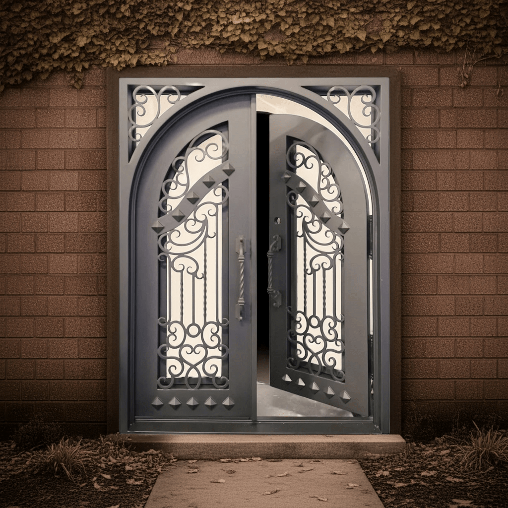 Nancy Wrought Iron Double Door Square Frame Arched by Hibashi Furniture – handcrafted solid wood furniture made in India