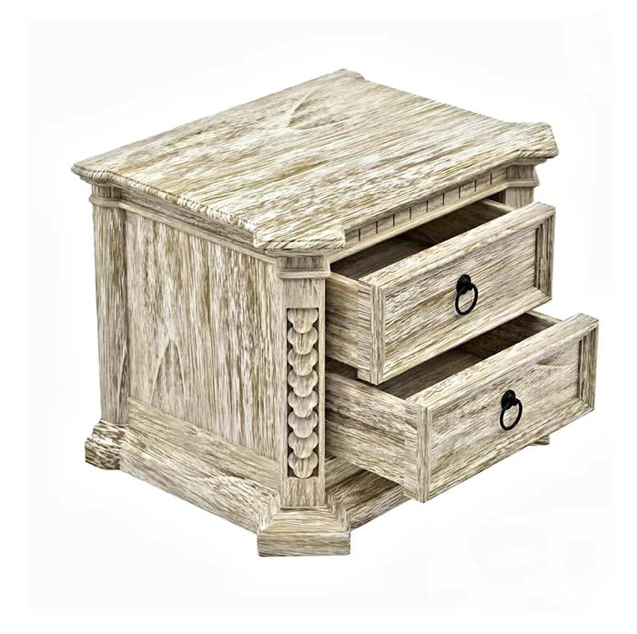 Nimbus Rustic Solid Wood Hand - Carved Nightstand With 2 Drawers by Hibashi Furniture – handcrafted solid wood furniture made in India