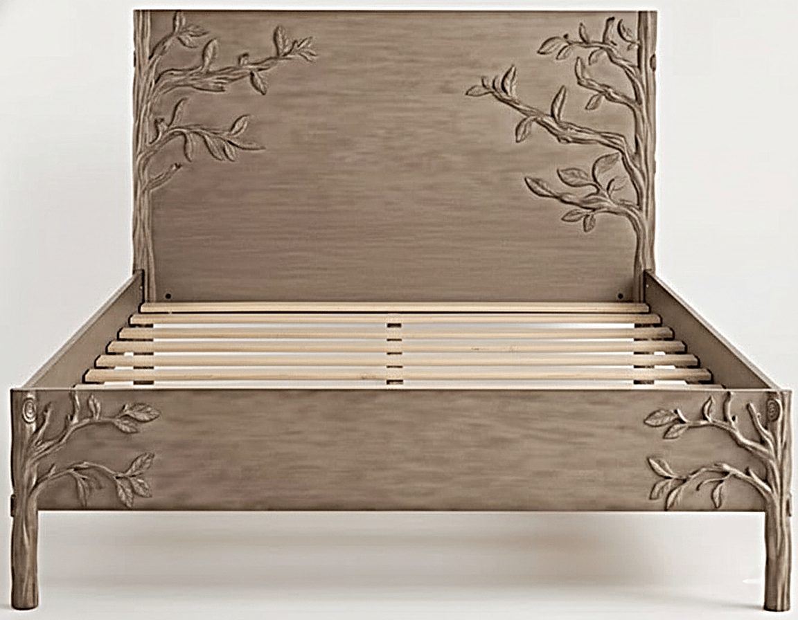 Ornithology Tree Hand-Carved Solid Wooden Bed / Bedroom 3-Piece Set – handcrafted solid wood furniture