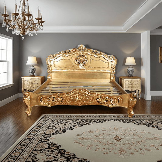 Royal Gold Leaf Hand Carved Bed – handcrafted solid wood furniture