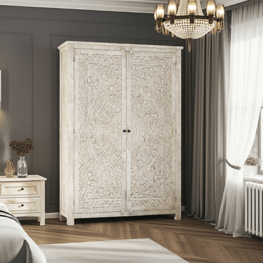 Salman Hand carved Solid Wood Large White Wardrobe Armoire – handcrafted solid wood furniture