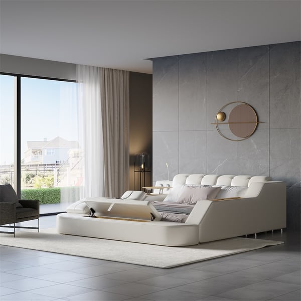 Sash Tufted Upholstered Platform Bed with Massage, Storage, Led Light & Speaker – handcrafted solid wood furniture