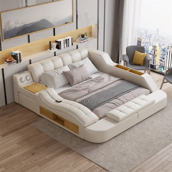 Sash Tufted Upholstered Platform Bed with Massage, Storage, Led Light & Speaker – handcrafted solid wood furniture