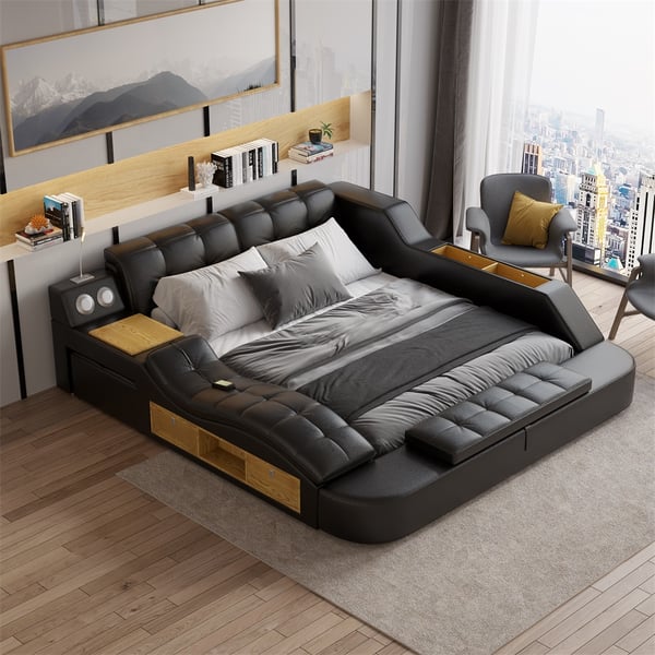 Sash Tufted Upholstered Platform Bed with Massage, Storage, Led Light & Speaker – handcrafted solid wood furniture