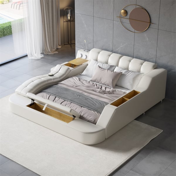 Sash Tufted Upholstered Platform Bed with Massage, Storage, Led Light & Speaker – handcrafted solid wood furniture