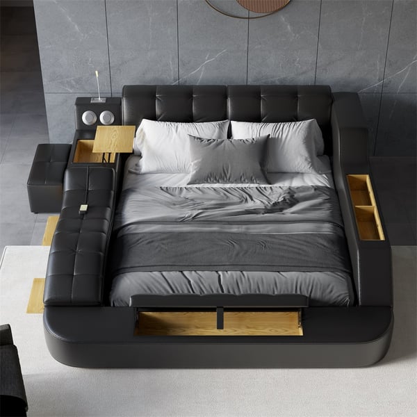 Sash Tufted Upholstered Platform Bed with Massage, Storage, Led Light & Speaker – handcrafted solid wood furniture