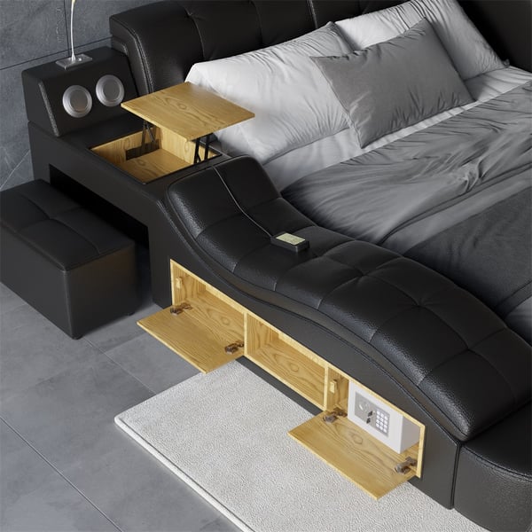 Sash Tufted Upholstered Platform Bed with Massage, Storage, Led Light & Speaker – handcrafted solid wood furniture