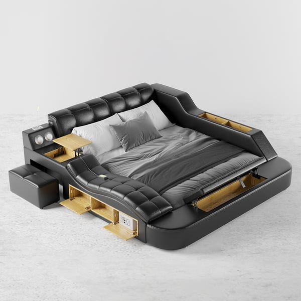 Sash Tufted Upholstered Platform Bed with Massage, Storage, Led Light & Speaker - HF Commercial Furniture