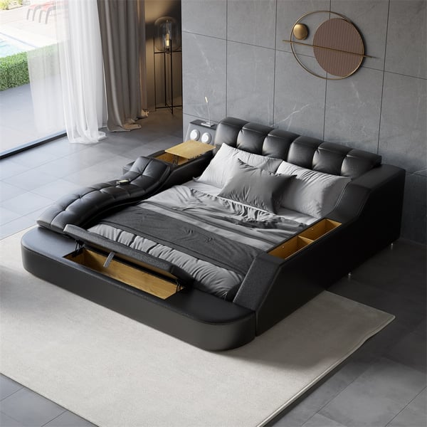 Sash Tufted Upholstered Platform Bed with Massage, Storage, Led Light & Speaker – handcrafted solid wood furniture