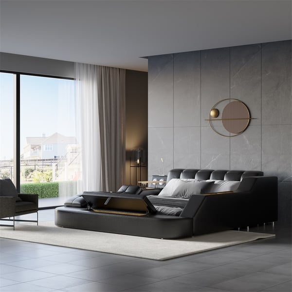 Sash Tufted Upholstered Platform Bed with Massage, Storage, Led Light & Speaker - HF Commercial Furniture