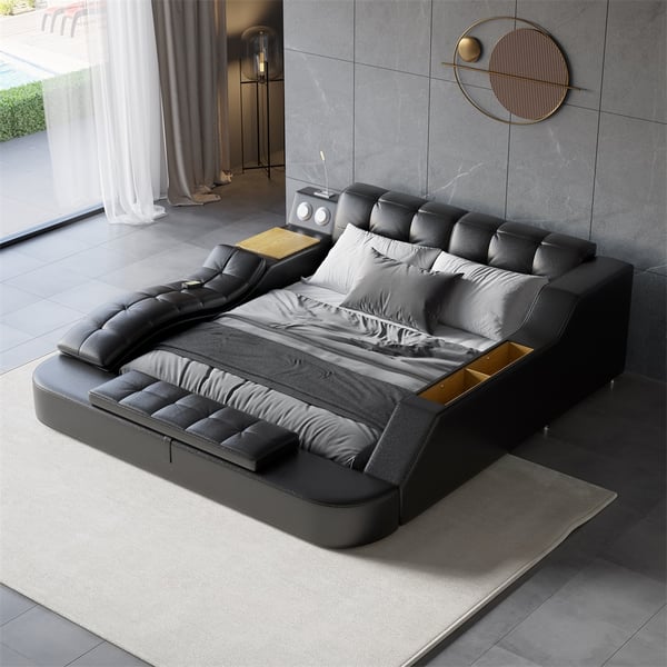 Sash Tufted Upholstered Platform Bed with Massage, Storage, Led Light & Speaker - HF Commercial Furniture