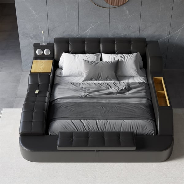 Sash Tufted Upholstered Platform Bed with Massage, Storage, Led Light & Speaker - HF Commercial Furniture