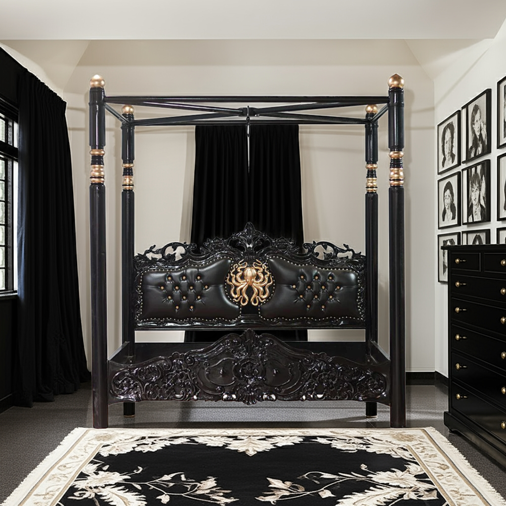 Huni Solid Mango Wood Hand Carved Bed