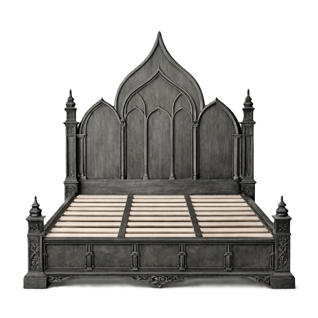 Vaulted Crown Gothic Hand - Carved Solid Wood Platform Bed / Bedroom Collection – handcrafted solid wood furniture