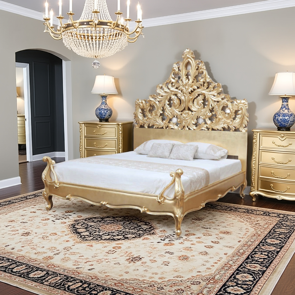 Crown Gold Leaf Hand Carved Bed Frame