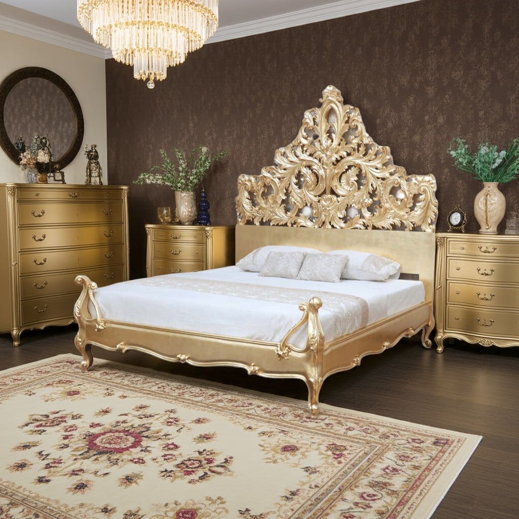 Crown Gold Leaf Hand Carved Bed Frame
