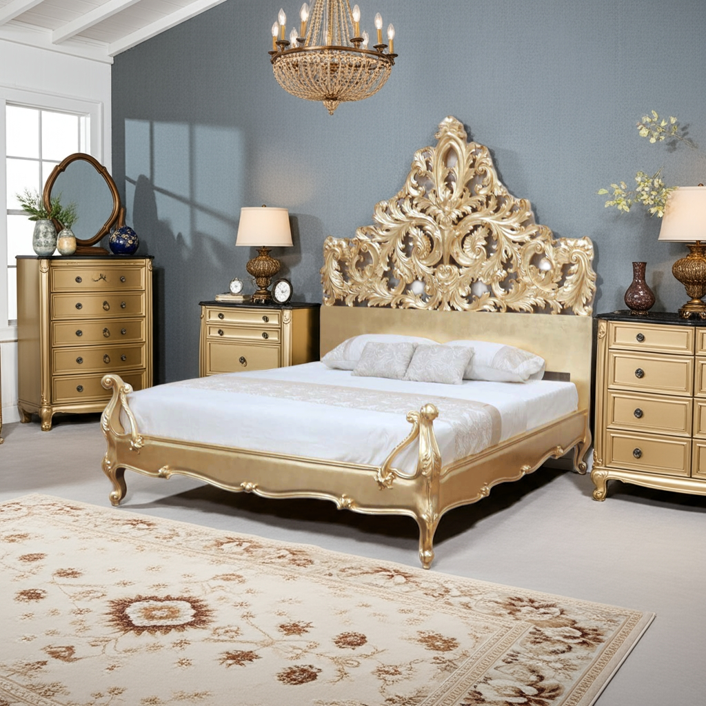 Crown Gold Leaf Hand Carved Bed Frame