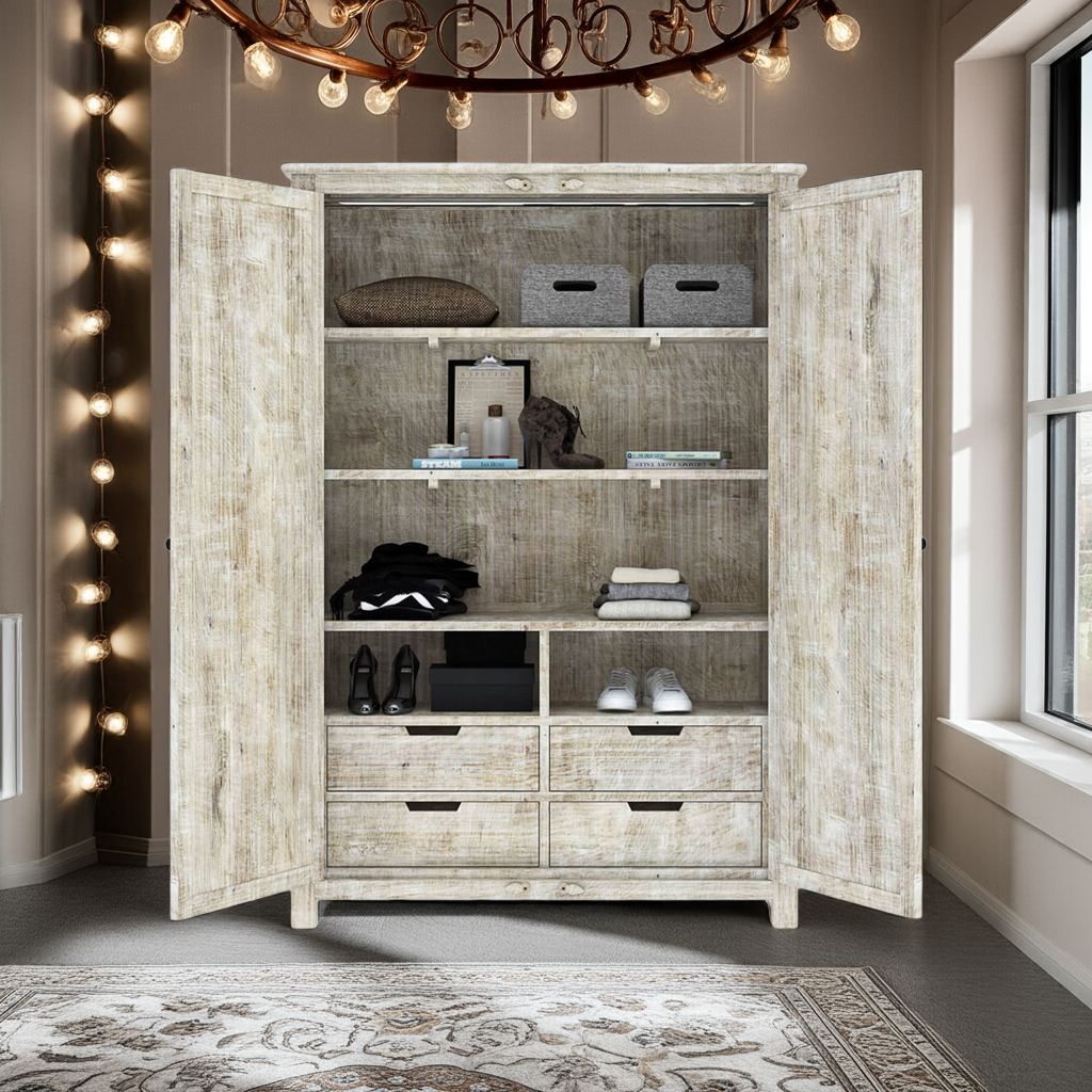 Salman Hand carved Solid Wood Large White Wardrobe Armoire