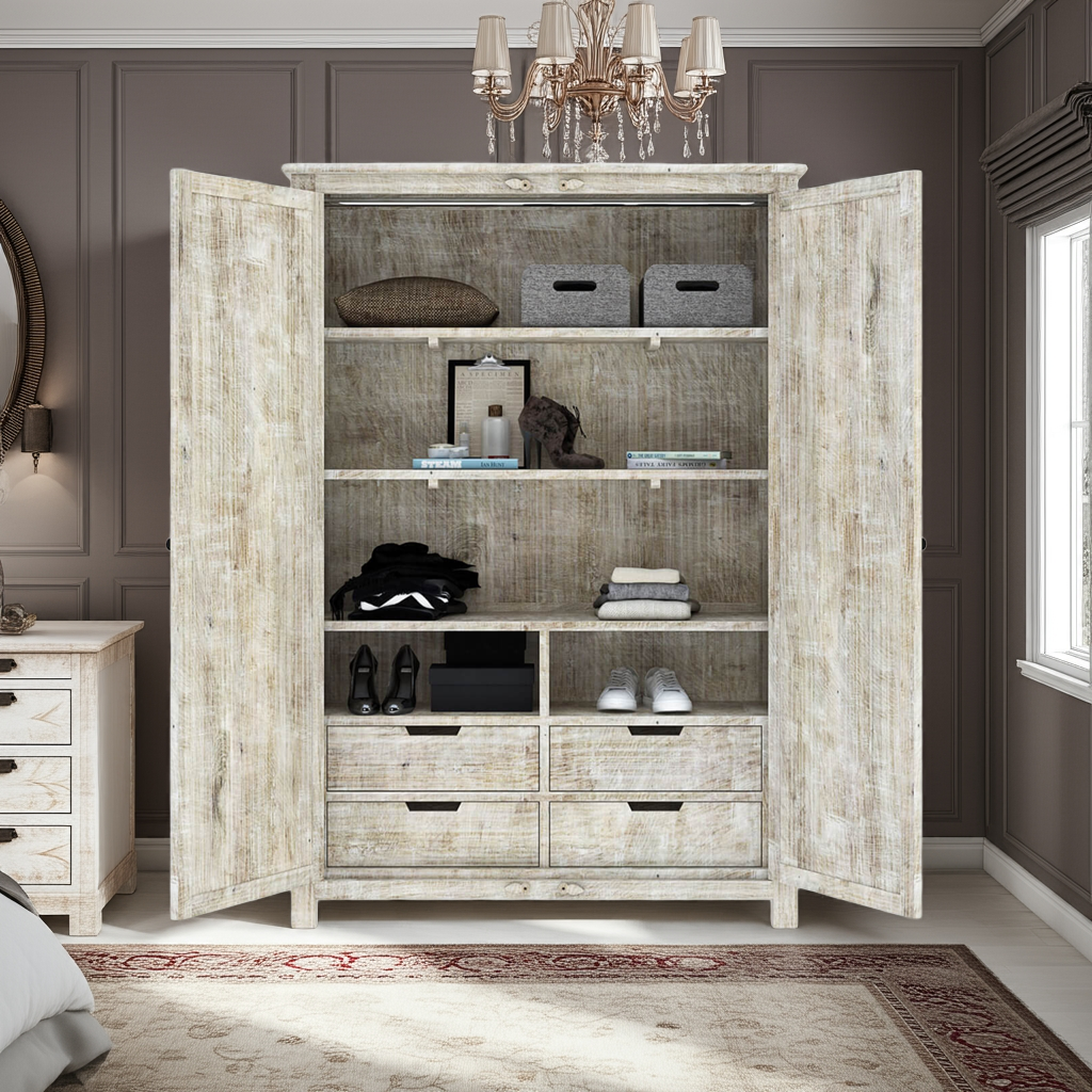Salman Hand carved Solid Wood Large White Wardrobe Armoire