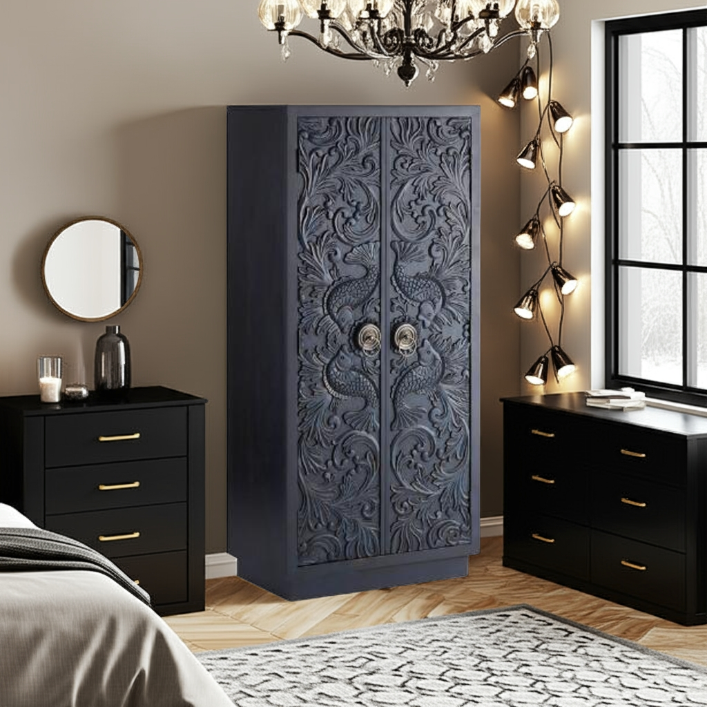 Manama Hand Carved Wood Fish Nairi Storage Cabinet