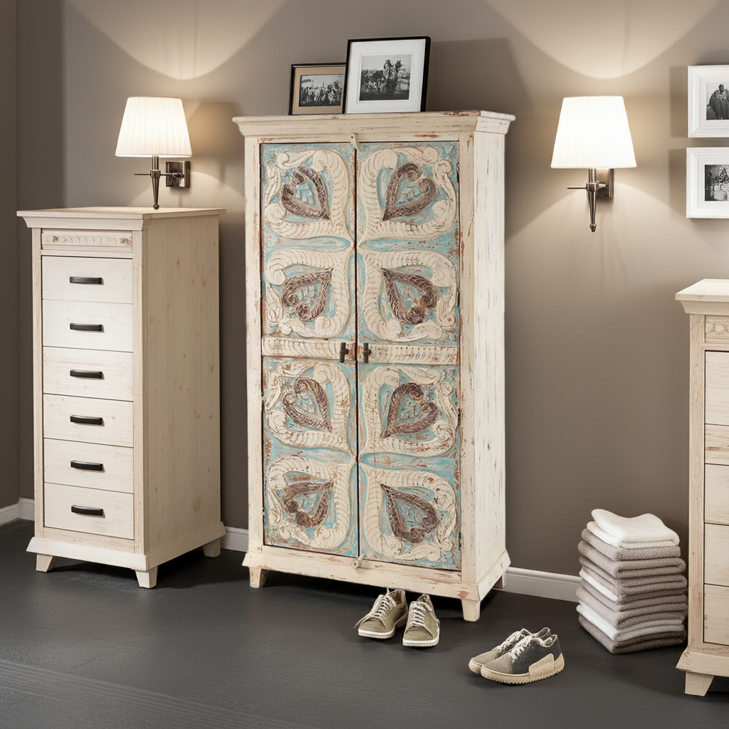 Mimosa Distressed White Hand-carved Solid Wood Vintage Armoire