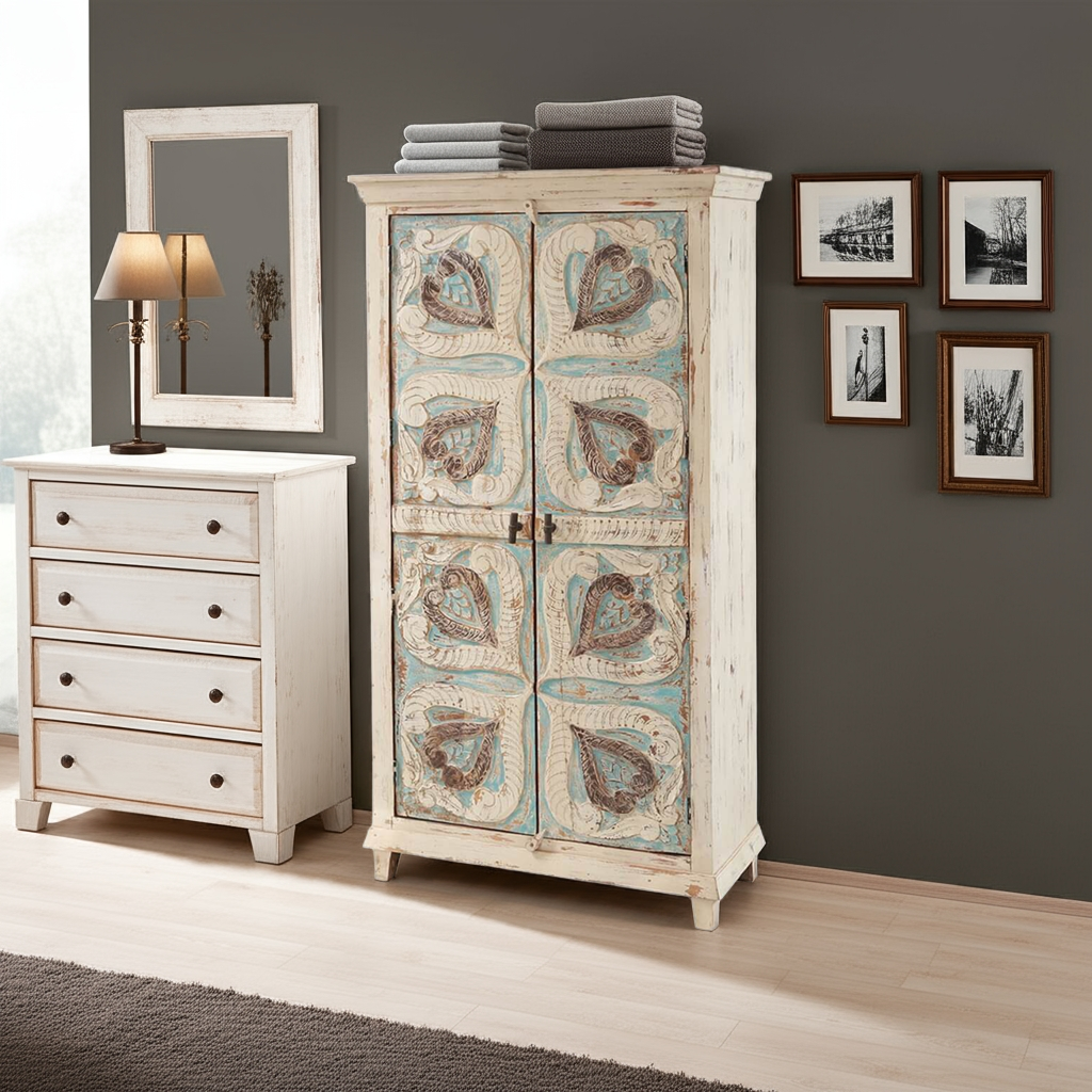 Mimosa Distressed White Hand-carved Solid Wood Vintage Armoire