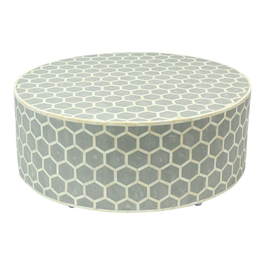 Mesa de centro redonda de nido de abeja con incrustaciones de hueso