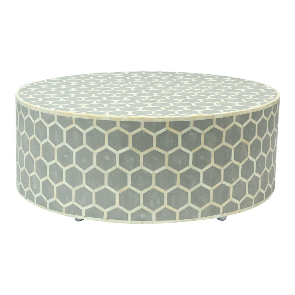 Mesa de centro redonda de nido de abeja con incrustaciones de hueso