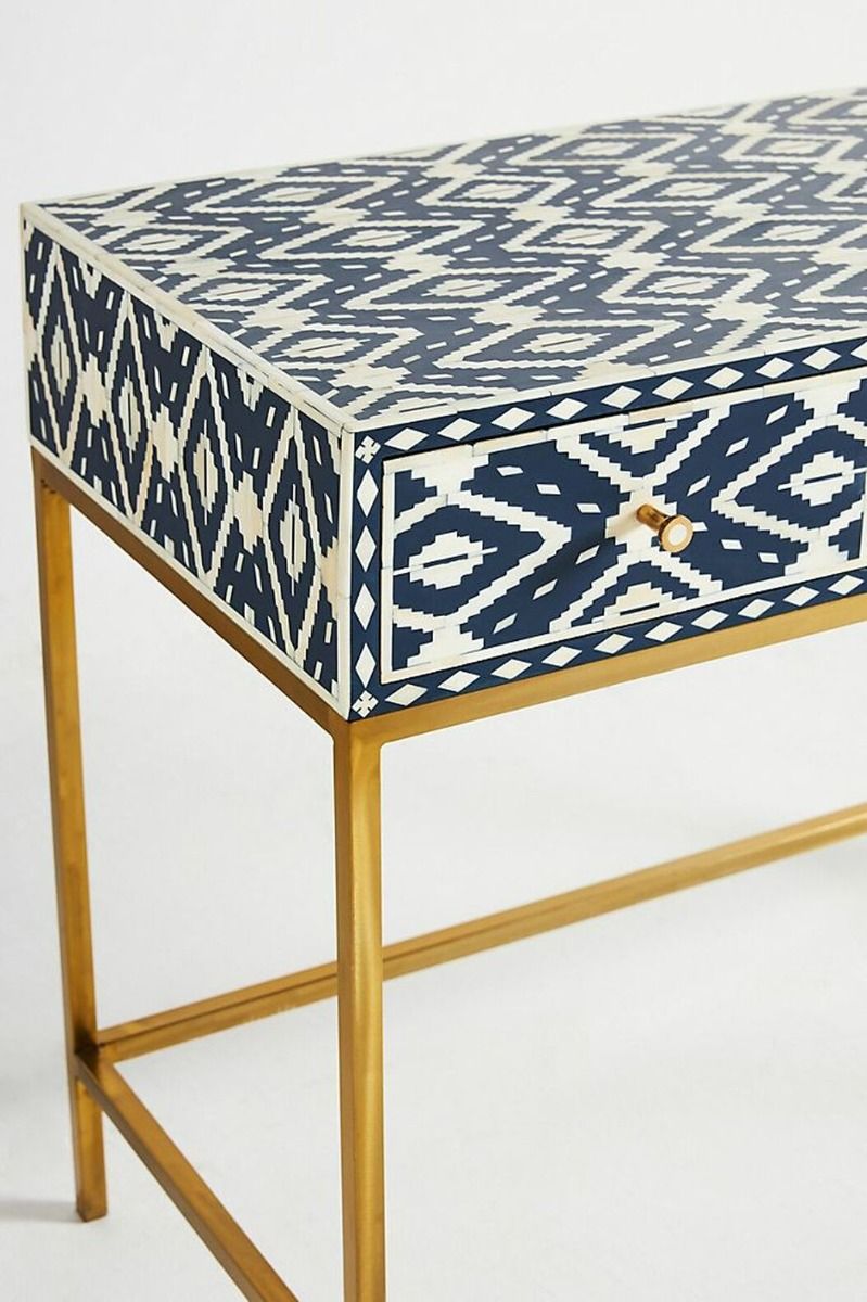 Ivory Bone Inlaid Wooden Console Table, Bone Inlay Office Desk