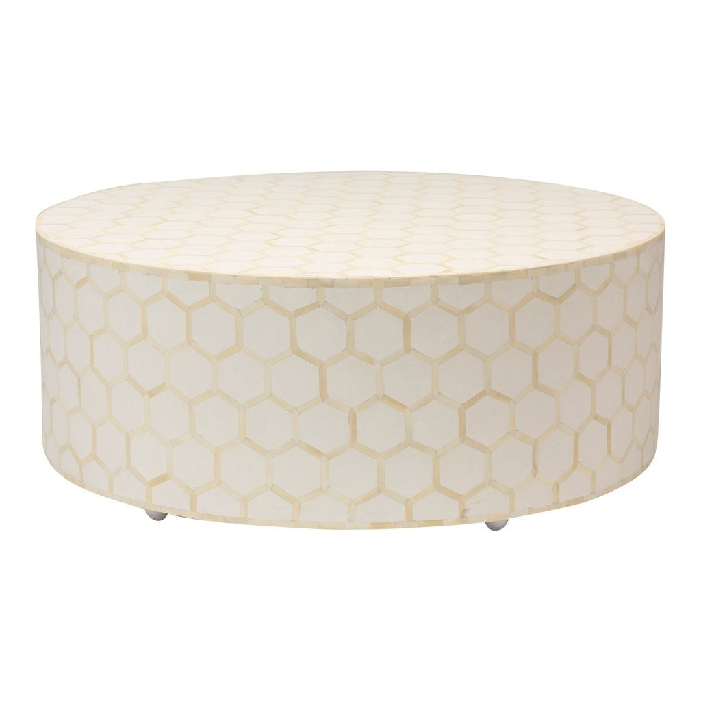 Mesa de centro redonda de nido de abeja con incrustaciones de hueso