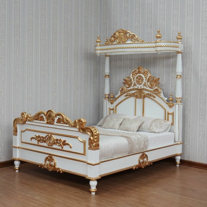 Crown Solid Mango Wood Antique White/Gold Poster Canopy Bed