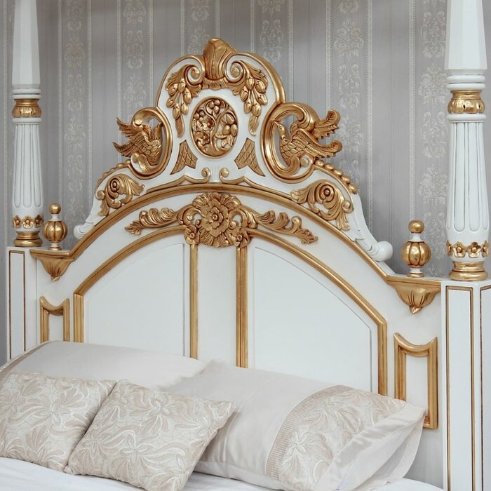 Crown Solid Mango Wood Antique White/Gold Poster Canopy Bed