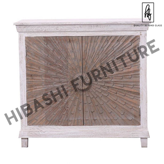 Adliya Sunburst Hand Carved Two Tone Solid Wood Storage Cabinet – handcrafted solid wood furniture