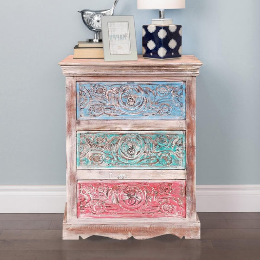 Alamance Hand carved Reclaimed Wood 3 Drawer Nightstand – handcrafted solid wood furniture